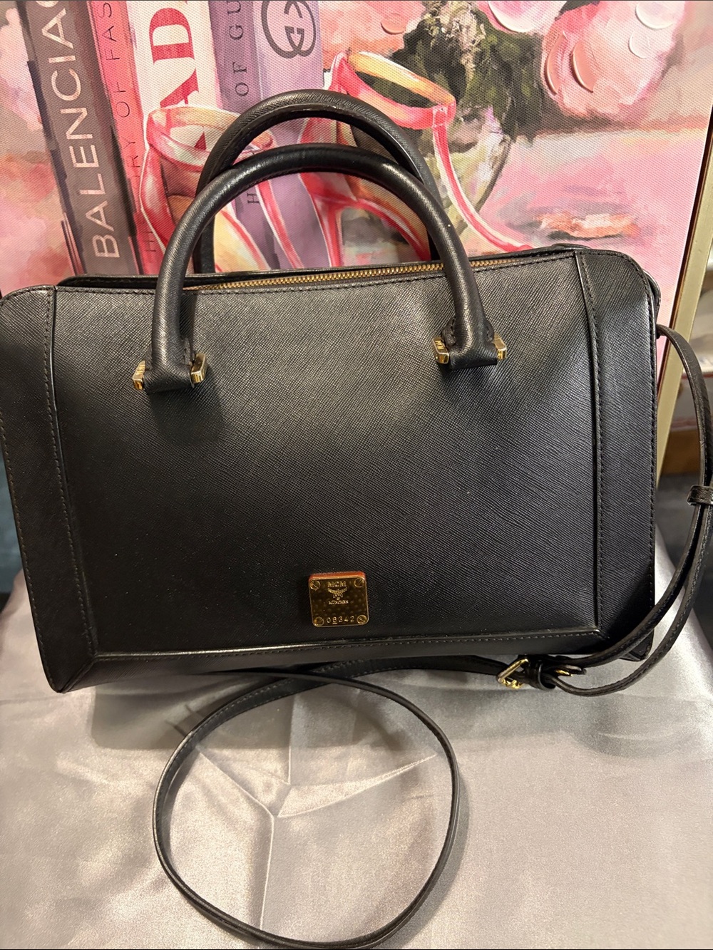 MCM Black Saffiano Leather Crossbody Satchel with Gold Hardware